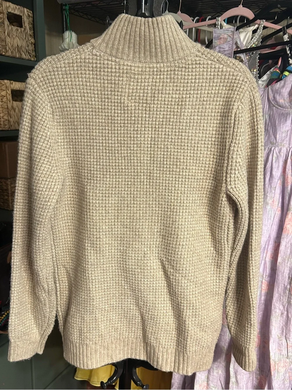 FatFace Men’s Waffle Knit Quarter Zip Mock Neck Sweater Oatmeal Small